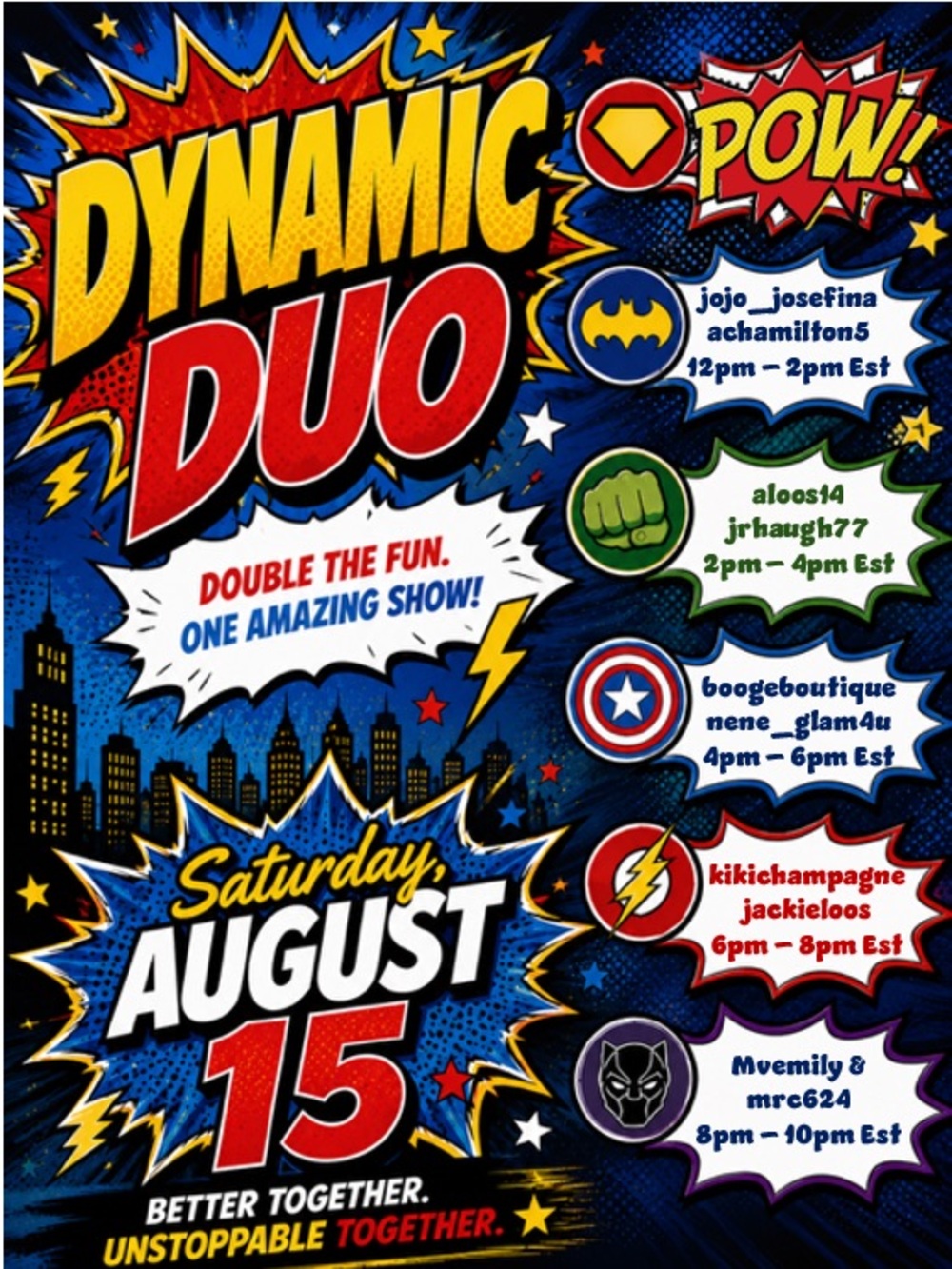 👯‍♀️Saturday 8/15 Dynamic Duos Collaboration Marathon!👯‍♀️
